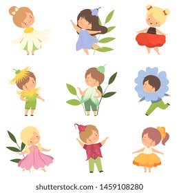 Cute Happy Little Kids Wearing Flowers Costumes Set, Adorable Boys and Girls in Colorful Carnival Clothes Vector Illustration