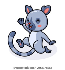 Cute happy little lemur cartoon waving hand