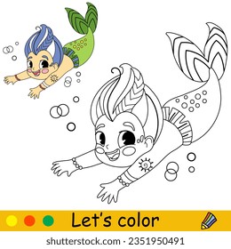 Pequeña sirena, linda y feliz. Dibujo vectorial ilustraciones en blanco y negro. Página de coloreado infantil con un ejemplo de color. Para impresión, diseño, afiche, pegatina, tarjeta, decoración y diseño de camisetas