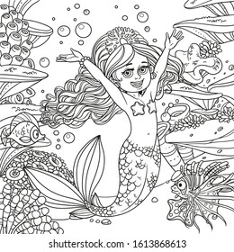 Cute happy little mermaid girl  on underwater world with corals, seaweed, anemones and cartoon fishes background outlined