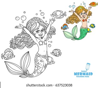 Cute happy little mermaid girl coloring page on a white background