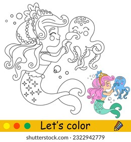 Cute and happy little mermaid and an octopus. Vector cartoon black and white illustration. Kids coloring page with a color sample. For print, design, poster, sticker, card, decoration, t shirt design