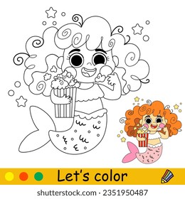 Cute and happy little mermaid a popcorn. Vector cartoon black and white illustration. Kids coloring page with a color sample. For print, design, poster, sticker, card, decoration and t shirt design