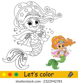 Cute and happy little mermaid princess. Vector cartoon black and white illustration. Kids coloring page with a color sample. For print, design, poster, sticker, card, decoration and t shirt design