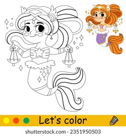 Pequeña sirena, agradable y agradable, con escalas. Dibujo vectorial ilustraciones en blanco y negro. Página de coloreado infantil con un ejemplo de color. Para impresión, diseño, afiche, pegatina, tarjeta, decoración y diseño de camisetas