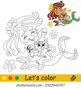 Cute and happy little mermaid and a sea cat. Vector cartoon black and white illustration. Kids coloring page with a color sample. For print, design, poster, sticker, card, decoration, t shirt design