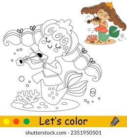 Cute and happy little mermaid with a violin. Vector cartoon black and white illustration. Kids coloring page with a color sample. For print, design, poster, sticker, card, decoration, t shirt design