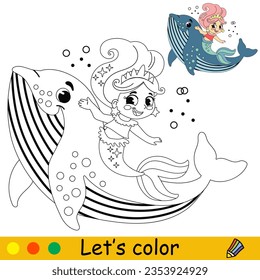 Pequeña sirena, linda y feliz, con una ballena. Dibujo vectorial ilustraciones en blanco y negro. Página de coloreado infantil con un ejemplo de color. Para impresión, diseño, afiche, pegatina, tarjeta, decoración y diseño de camisetas