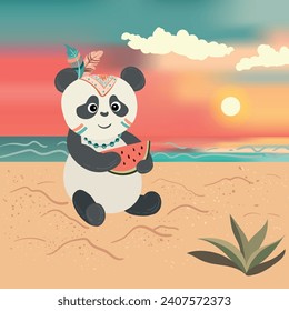 Cute Happy little panda boho style tribal eating watermelon on a summer beach at sunset. Vector illustration in flat. summer holiday vacation. For cards, calendars, design, notebooks