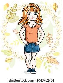 Cute happy little red-haired girl posing on background of autumn landscape and wearing fashionable casual clothes. Vector character.