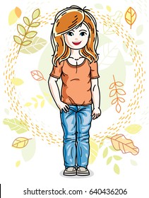 Cute happy little red-haired girl posing on background of autumn landscape and wearing fashionable casual clothes. Vector character.