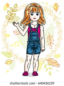 Cute happy little red-haired girl posing on background of autumn landscape and wearing fashionable casual clothes. Vector character.