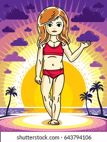 Cute happy little red-haired girl posing on background of sunset landscape with palms and wearing colorful swimming suit. Vector character.