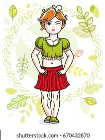 Cute happy little red-haired girl posing on background of spring landscape and wearing fashionable casual clothes. Vector character.