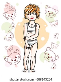 Cute happy little red-haired girl in underwear posing on background with kittens. Vector character. Sleep time theme.