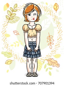 Cute happy little red-haired girl posing on background of autumn landscape and wearing fashionable casual clothes. Vector character.