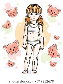 Cute happy little red-haired girl in underwear posing on background with kittens. Vector character. Sleep time theme.