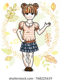 Cute happy little red-haired girl posing on background of autumn landscape and wearing fashionable casual clothes. Vector character.