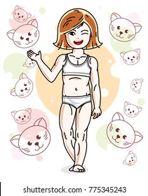 Cute happy little red-haired girl in underwear posing on background with kittens. Vector character. Sleep time theme.