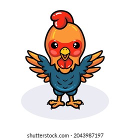 Cute happy little rooster cartoon raising hands