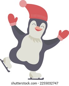 Cute Happy Little Skating Penguin in a red cap and mittens on transparent background Vector winter kid clip art