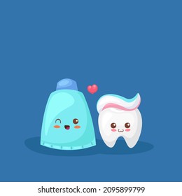Cute happy little white tooth with colorful toothpaste. Healthy teeth concept. Cartoon vector illustration. Use for children poster, fabric print, card. Adorable comic oral hygiene design elements.