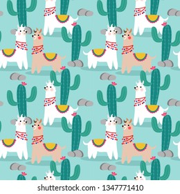 Cute happy llama and cactus seamless pattern. Lovely animal concept.