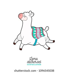 Cute happy llama running . Llama flying isolated vector icon. Fantasy alpaca sticker, patch badge.