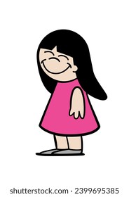 Pequeña caricaturista alegre de pelo largo, pequeña niña sonriente de pie con los ojos cerrados y usando un vestido rosado. Ilustración vectorial básica colorida aislada en fondo blanco.