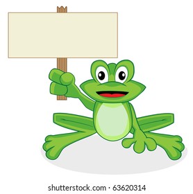 cute happy looking tiny green frog holding up a blank sign