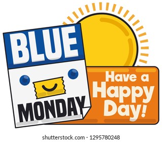 Cute, happy loose-leaf calendar gazing at the sun and changing the mood with a smile during Blue Monday.