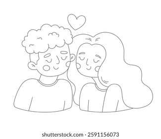 Cute happy love couple. Coloring page. Happy Valentines Day. Vector doodle illustration, hand drawn design