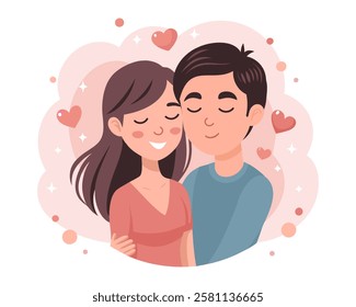 Cute happy love couple. Love, romance, dating concept. Valentines Day greeting card. Flat style illustration