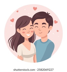 Cute happy love couple. Love, romance, dating concept. Valentines Day greeting card. Flat style illustration.