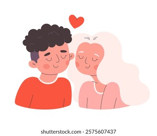 Cute happy love couple. Young woman and man falling in love. Love, romance, dating concept. Valentines Day greeting card. Vector illustration in flat style