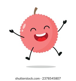 Cute happy lychee character. Funny victory jump celebration fruit cartoon emoticon in flat style. closet vector illustration