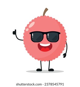 Cute happy lychee character wear sunglasses. Funny fruit greet friend cartoon emoticon in flat style. closet vector illustration