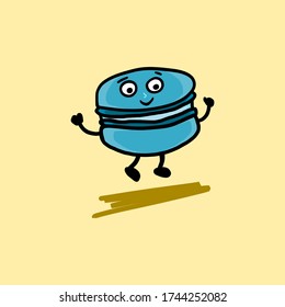 Cute happy macaroon in blue color is dancing. Vintage character of a tasty dessert with smile.