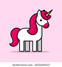 Cute happy magic unicorn with pink mane, Simple flat line doodle icon. Cute magic cartoon fantasy cute animal. Vector illustration