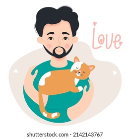 Cute happy man with beard and mustache with sleeping ginger cat. Vector illustration. concept of love for pets. happy man character in flat style for postcards, design, decoration and covers