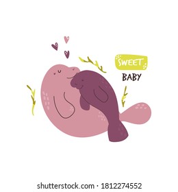 Cute happy manatee family. Baby cartoon design. Nursery art print. Vector illustration.