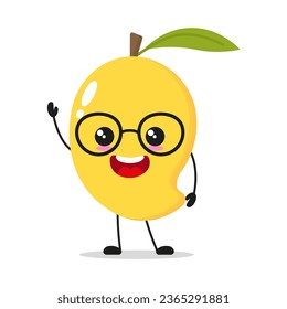 Un personaje de mango alegre lindo usa anteojos. Emoticon de dibujos animados de frutas sonrientes y saludables en estilo plano. ilustración de vector alimentario