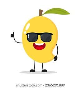 Un personaje de mango alegre lindo usa gafas de sol. Divertido emoticono de saludo de fruta en estilo plano. ilustración de vector alimentario