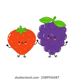 Cute happy Mango and  Strawberry card. Vector hand drawn doodle style cartoon character illustration icon design. Happy cute Mango and  Strawberry friends concept card