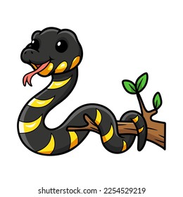 Cute happy mangrove snake cartoon on tree branch
