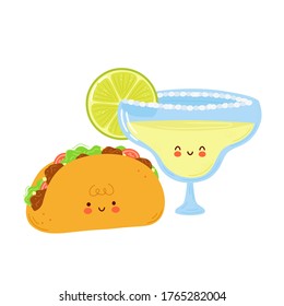 Cute happy margarita cocktail glass and taco. Isolated on white background. Vector cartoon character hand drawn style illustration