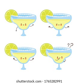 Cute happy margarita cocktail glass set collection. Isolated on white background. Vector cartoon character hand drawn style illustration