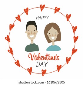 Cute, happy married couple with a beautiful smile in a round frame. Vector, isolated template for greeting card, logo for Valentine's day. For the design of postcards, posters, flyers, social media.