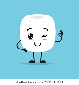 Cute happy marshmallow character. Funny smiling and blink marshmallow cartoon emoticon in flat style. sweet emoji vector illustration