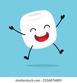 Cute happy marshmallow character. Funny jump marshmallow cartoon emoticon in flat style. sweet emoji vector illustration